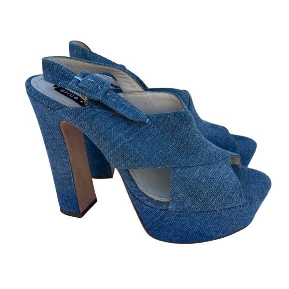 Alice + Olivia Women's Blue Denim Peep Toe Block Heel Ankle Buckle Sandals 38.5 - Picture 3 of 11